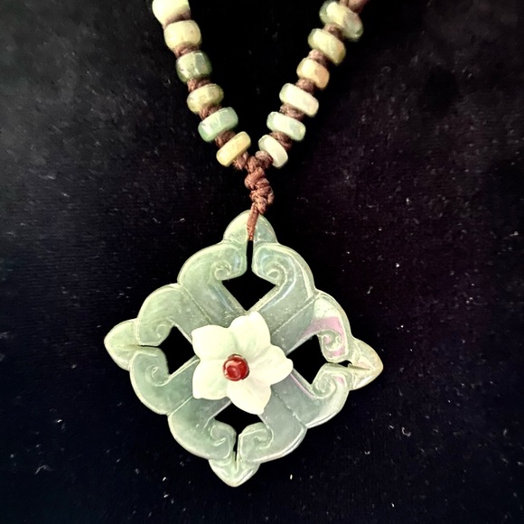 SALE! Green Jade Necklace, Carved Jade Beads, Spacers, Adjustable Cord, Like New - Picture 2 of 6